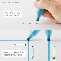 Blue highlighter pen being used on a white surface with text and arrows indicating different line thicknesses.
